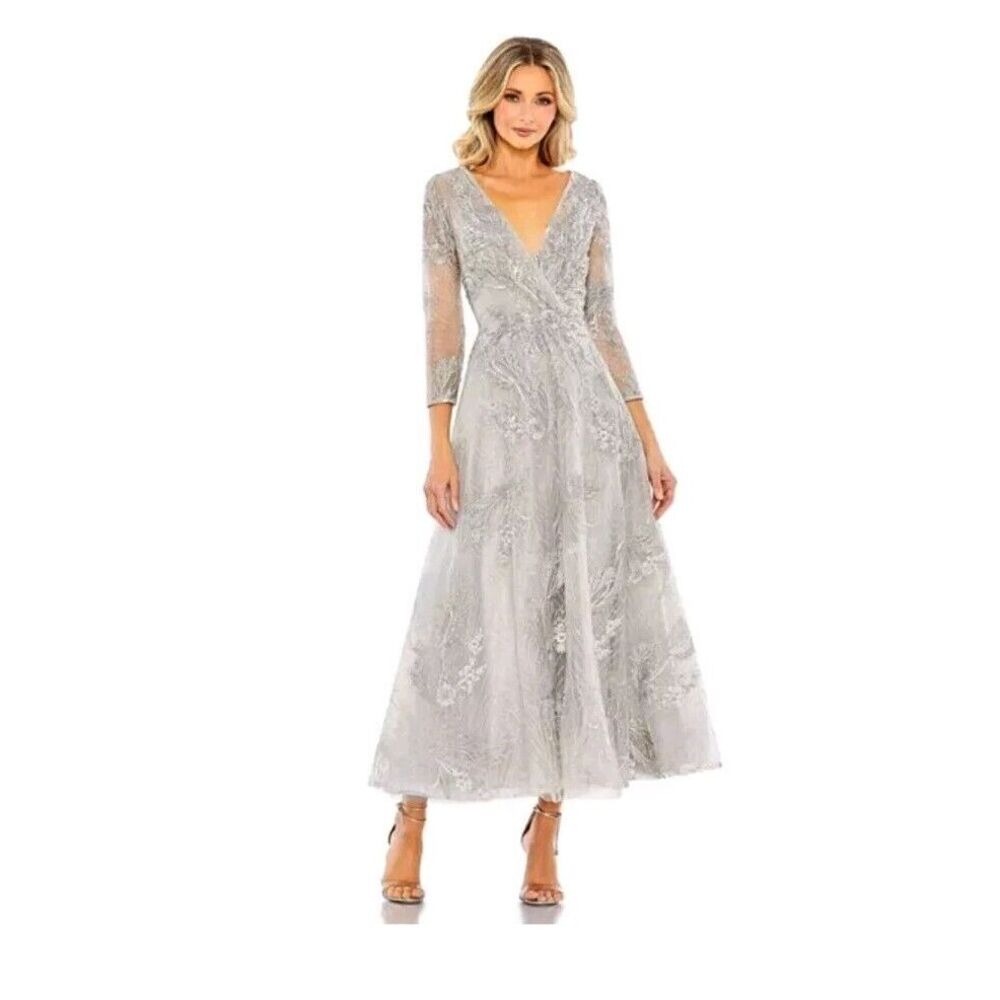 Mac‎ Duggal EMBELLISHED 3/4 SLEEVE DRESS In Platinum Sz 18 $498 A20336 NWT
